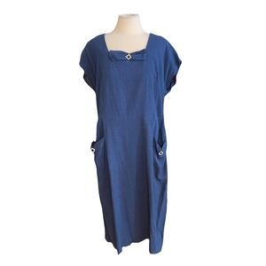 Vintage 50's Day Dress Sz L Blue Aline Short Sleeve Retro Rhinestones rockabilly